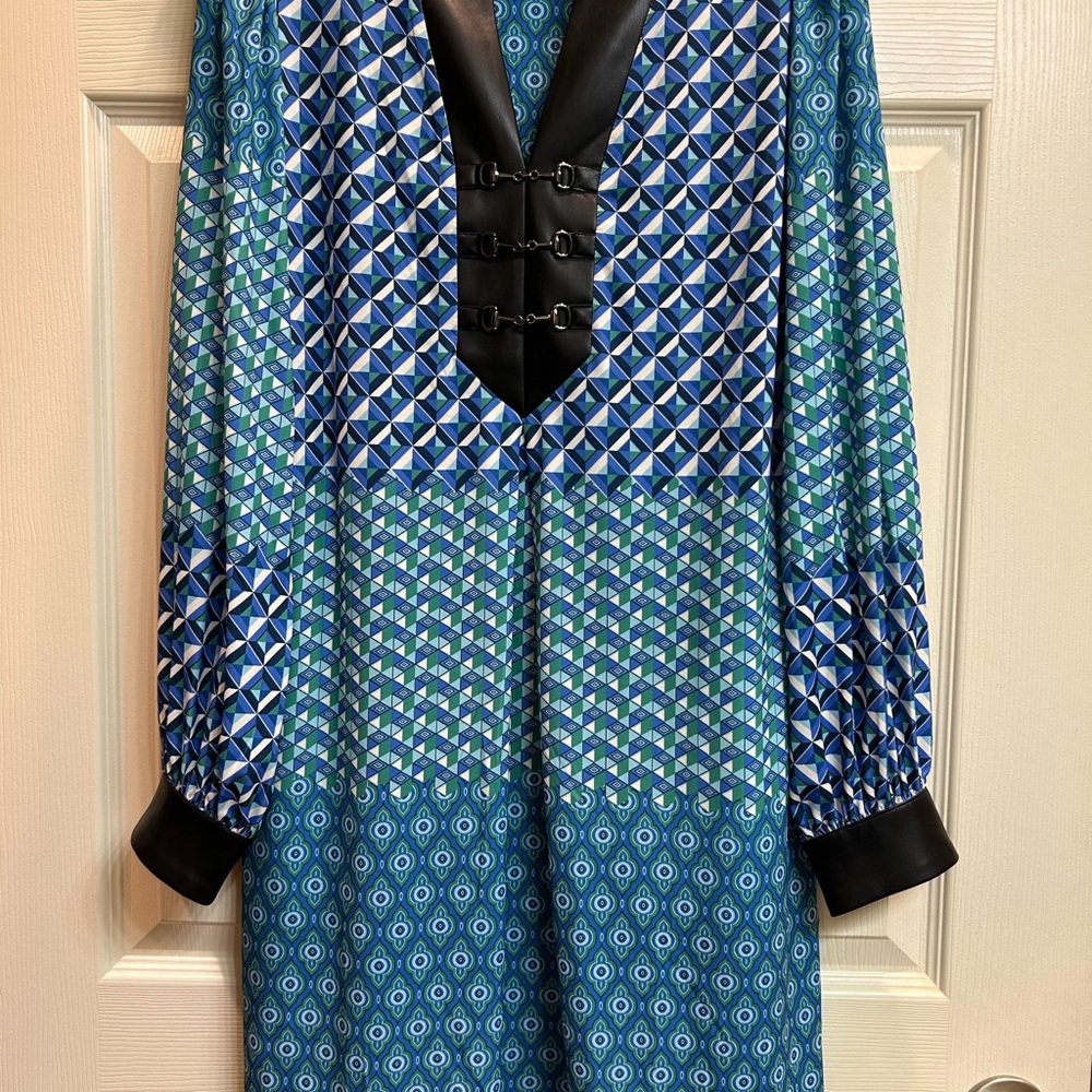 Hale Bob Blue and Green Patterned Top with Black Faux Leather Detail
